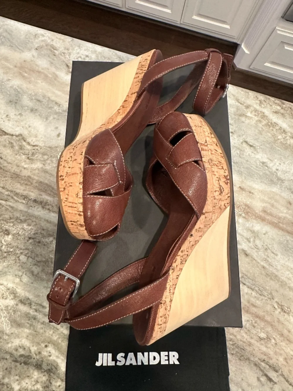 Jil Sander Y2K Leather Cork Wood Wedge Sandals Brown 37.5 Made in Italy